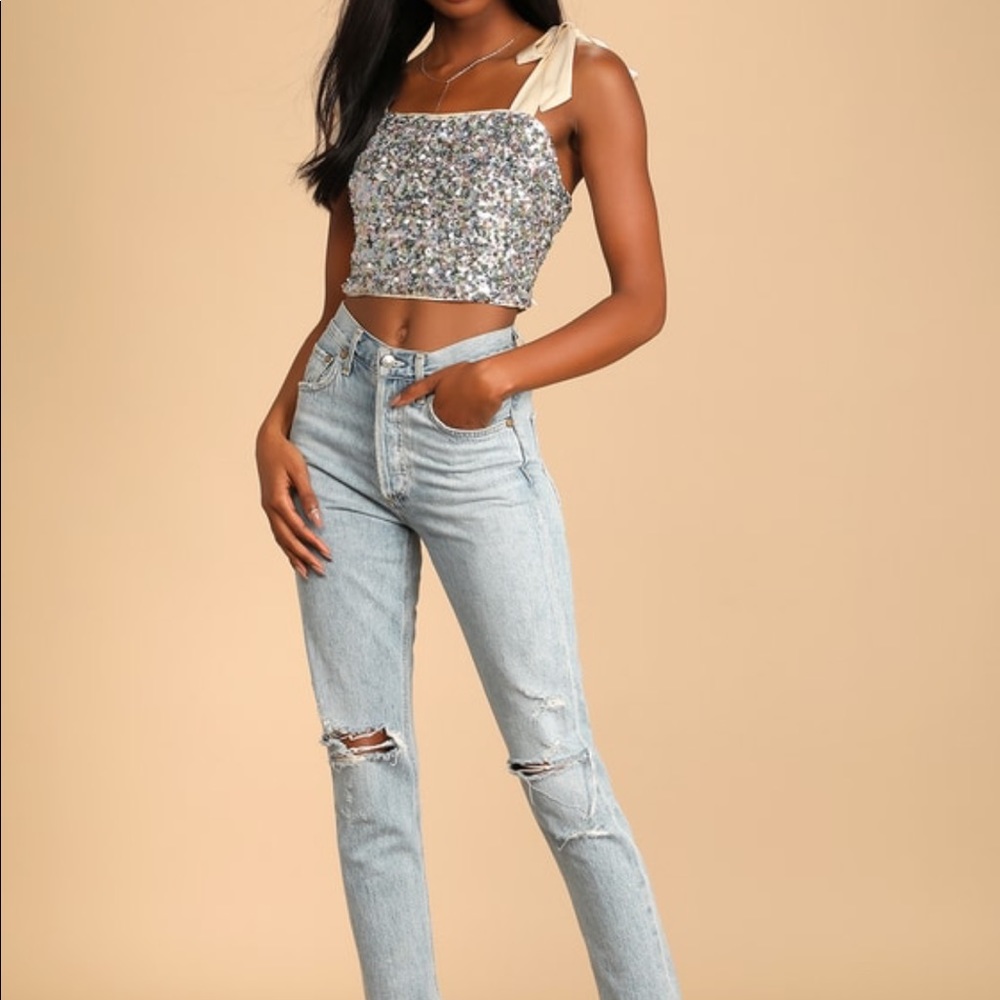 Sequin crop top with satin tie straps